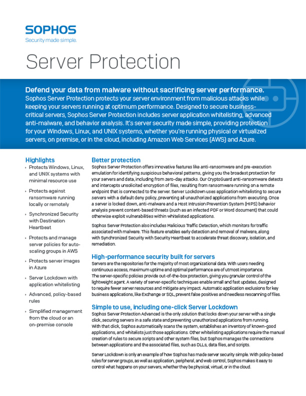 Sophos Server Protection OnPremise and Cloud Features and Pricing Sophos Server Protection OnPremise and Cloud Features and Pricing